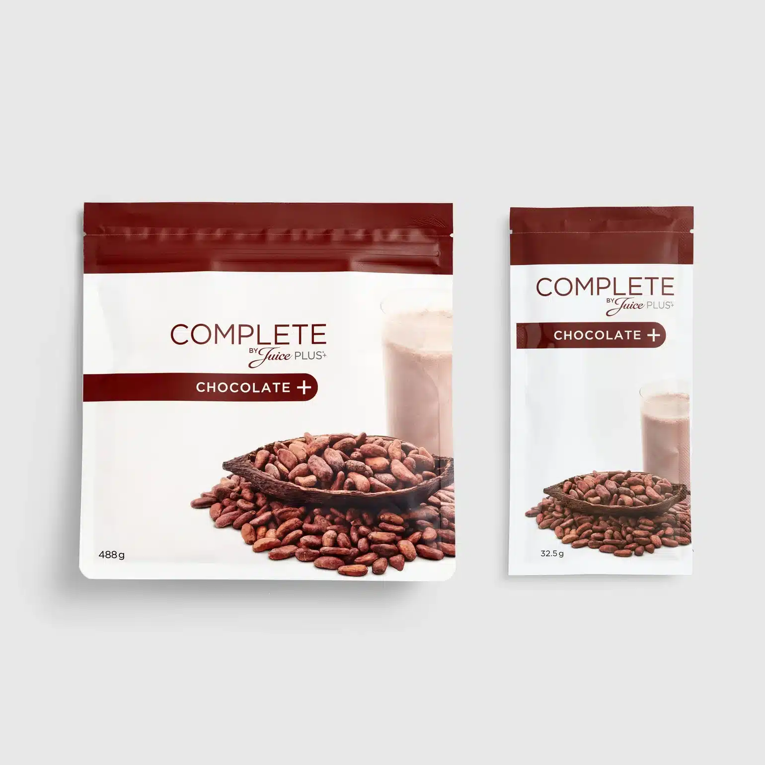 Juice Plus+ Chocolate Shakes Verpackung und einzeln